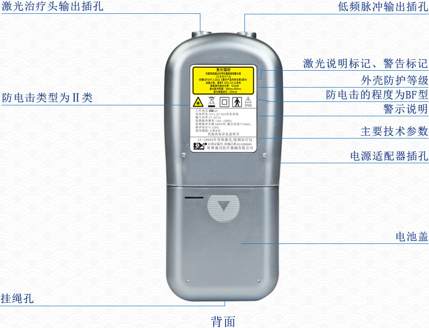 康興三高半導(dǎo)體激光/低頻治療儀GX-2000A背面按鍵操作及信息圖-康興官網(wǎng)